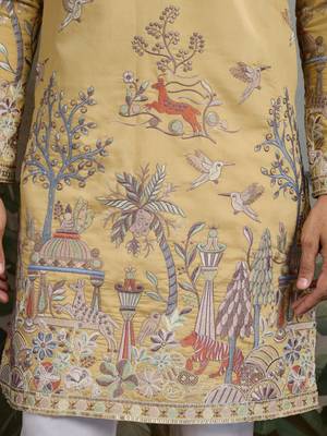 Yellow viscose silk thread & sequins embroidered work wedding festival marriage party wear straight mens kurta 7