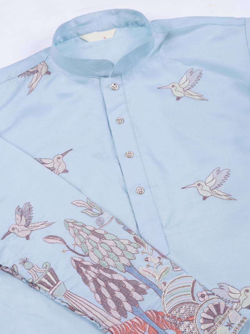 sky blue viscose silk thread & sequins embroideredstraight kurta