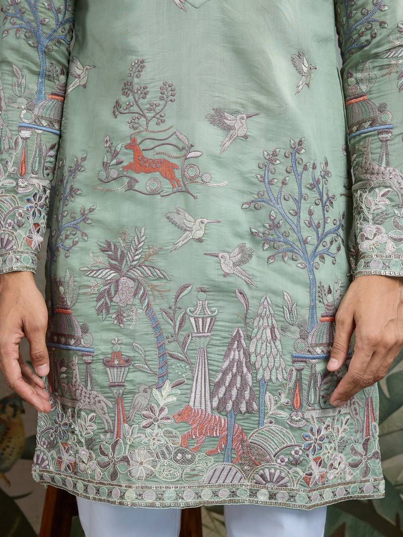 pista green viscose silk thread & sequins embroidered kurta