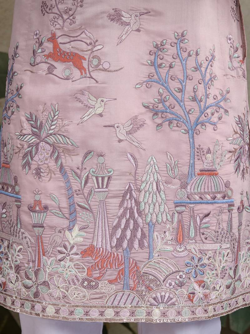 light peach viscose silk thread & sequins embroidered straight kurta