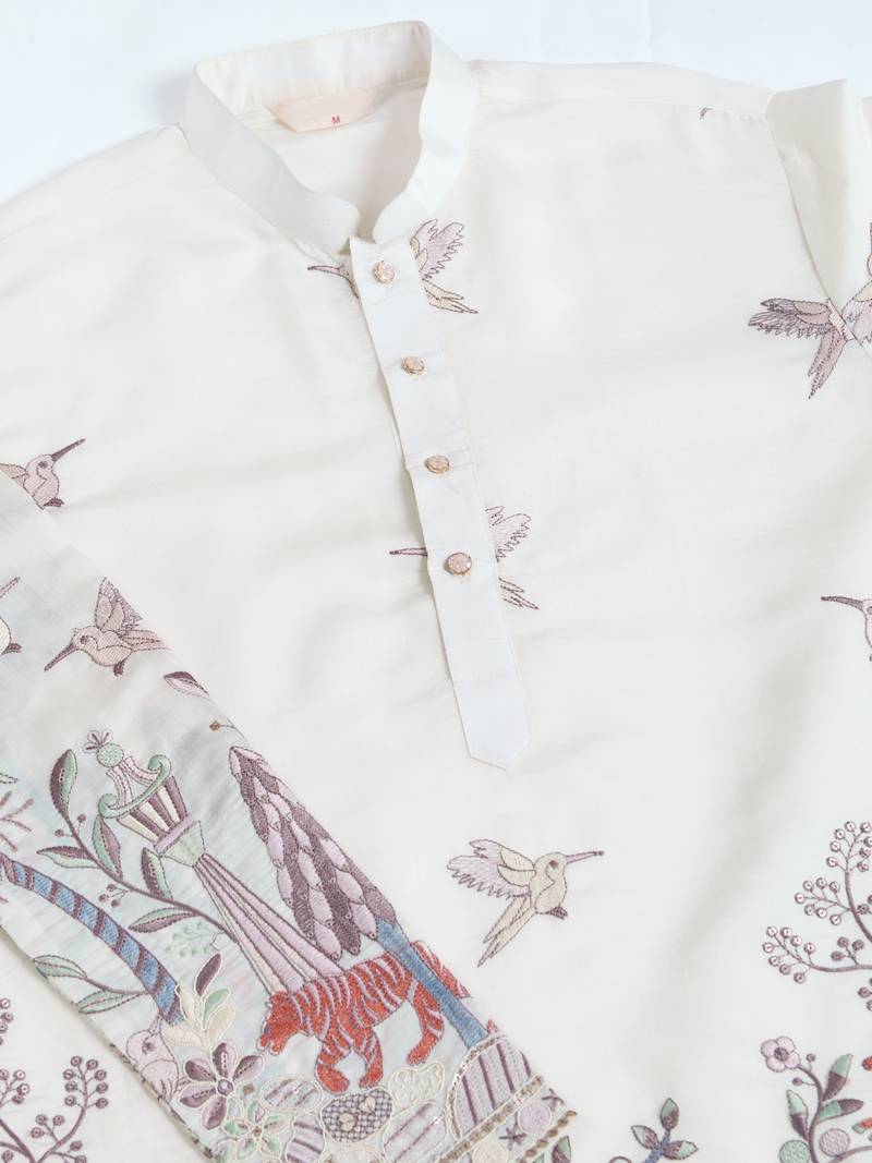 white viscose silk thread & sequins embroidered mens kurta