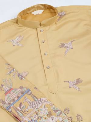 Yellow viscose silk thread & sequins embroidered work wedding festival marriage party wear straight mens kurta 8