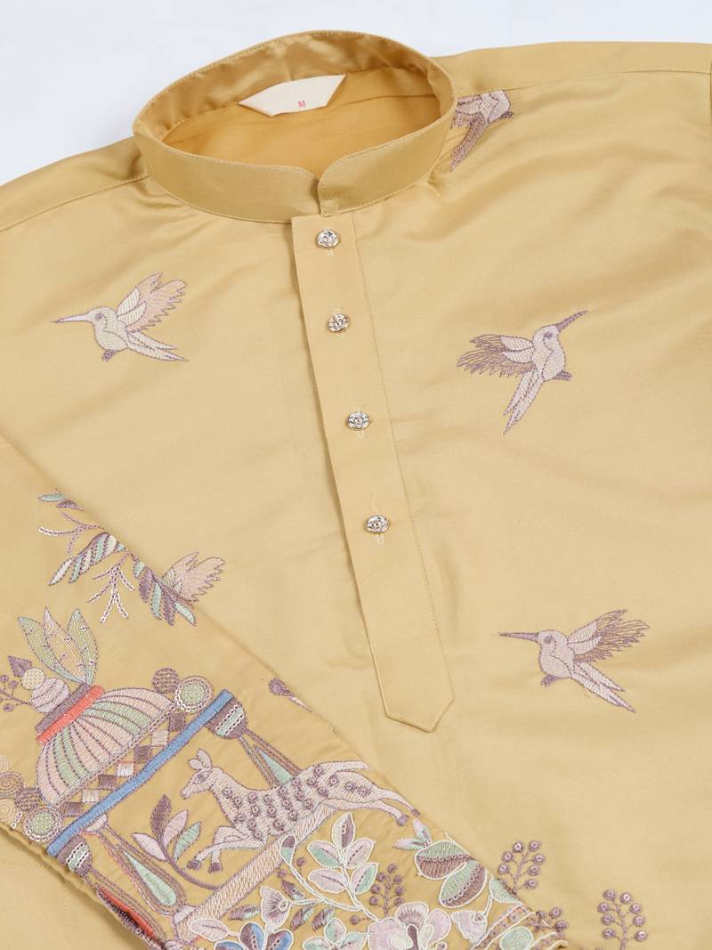 Yellow viscose silk thread & sequins embroidered work wedding festival marriage party wear straight mens kurta