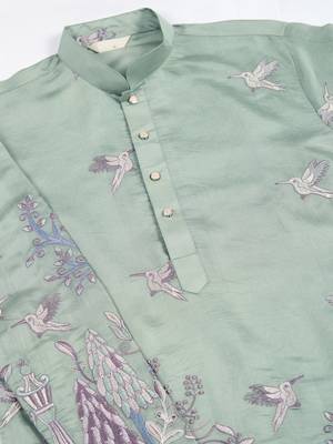 pista green viscose silk thread & sequins embroidered kurta 9