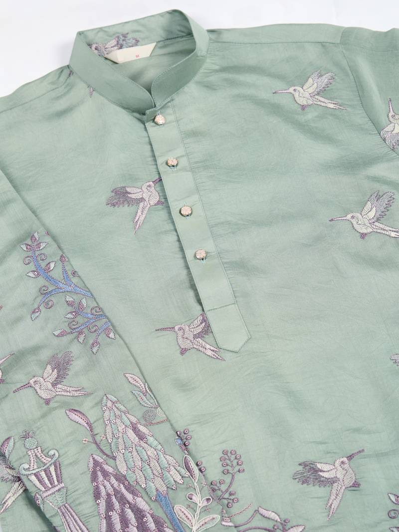 pista green viscose silk thread & sequins embroidered kurta