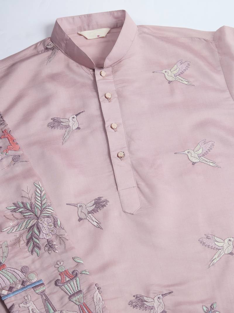 light peach viscose silk thread & sequins embroidered straight kurta