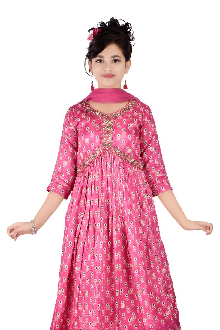 Ethnicraze girls jacquard silk pink gown with dupatta
