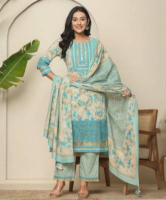 blue cotton floral kurta dupatta set with lace detailing 1