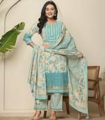 blue cotton floral kurta dupatta set with lace detailing