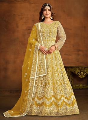 Yellow embroidery net anarkali suit 1