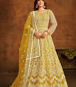Yellow embroidery net anarkali suit