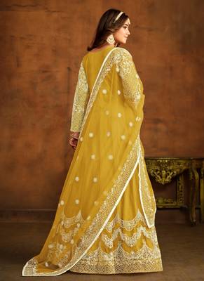 Yellow embroidery net anarkali suit 2
