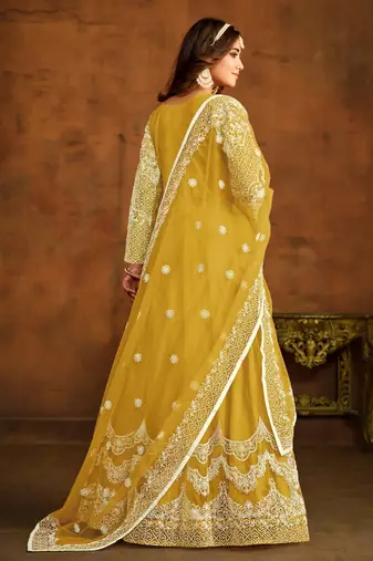 Yellow embroidery net anarkali suit
