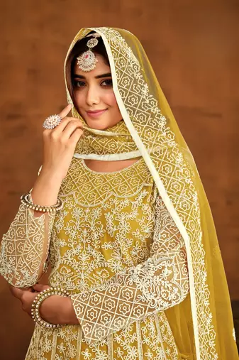 Yellow embroidery net anarkali suit