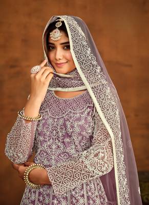 Lavender embroidery net anarkali suit 3