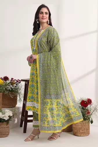 yellow floral print pakistani style kurta trouser and dupatta set