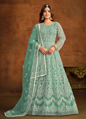 Sea-green embroidery net anarkali suit 1