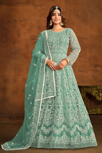 Sea-green embroidery net anarkali suit