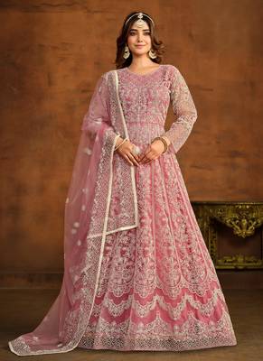 Peach embroidery net anarkali suit 1