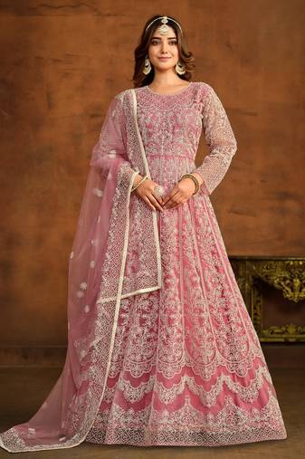 Peach embroidery net anarkali suit