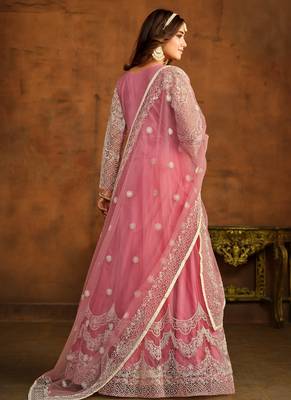 Peach embroidery net anarkali suit 2