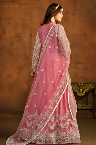 Peach embroidery net anarkali suit