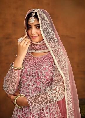 Peach embroidery net anarkali suit 3