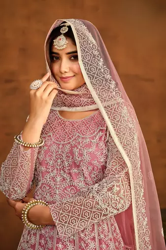 Peach embroidery net anarkali suit