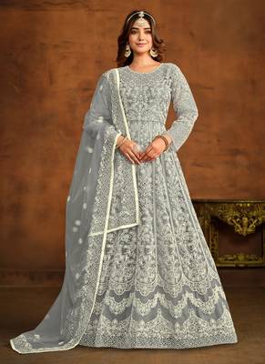 Grey embroidery net anarkali suit 1