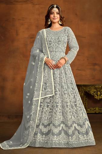 Grey embroidery net anarkali suit