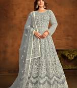 Grey embroidery net anarkali suit
