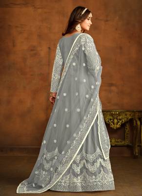 Grey embroidery net anarkali suit 2