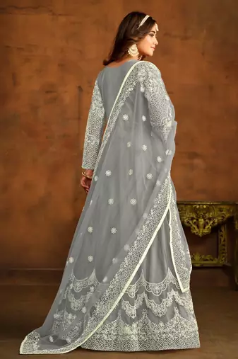 Grey embroidery net anarkali suit