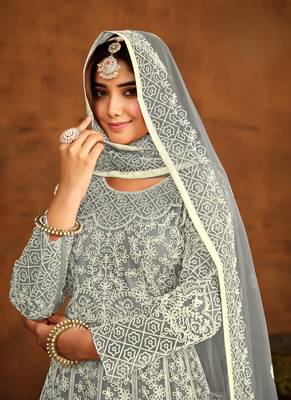 Grey embroidery net anarkali suit 3