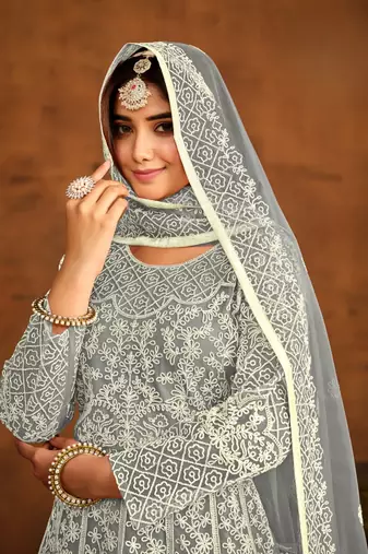 Grey embroidery net anarkali suit