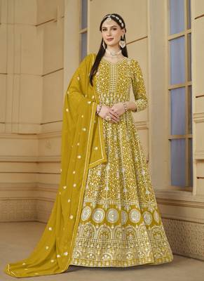 Mustard embroidery faux georgette anarkali suit 1