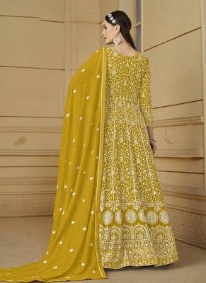Mustard embroidery faux georgette anarkali suit 2