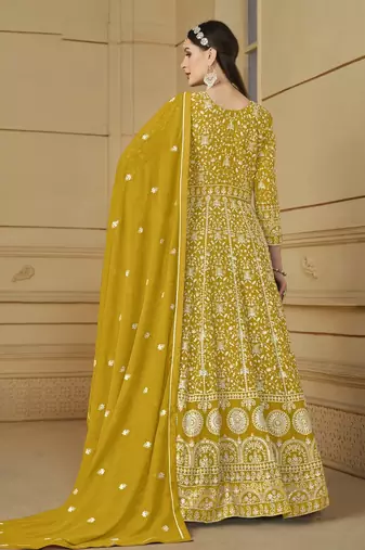 Mustard embroidery faux georgette anarkali suit
