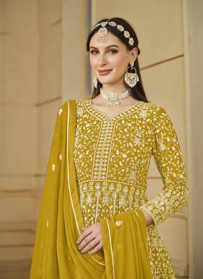 Mustard embroidery faux georgette anarkali suit 3
