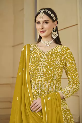 Mustard embroidery faux georgette anarkali suit