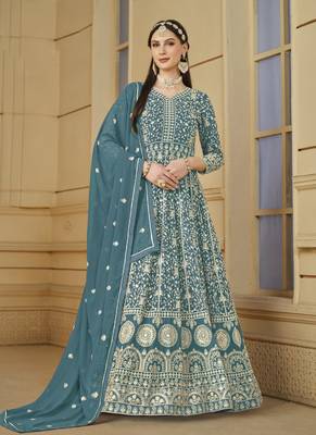 Blue embroidery faux georgette anarkali suit 1
