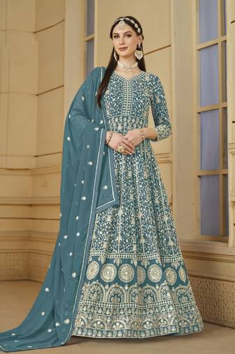 Blue embroidery faux georgette anarkali suit