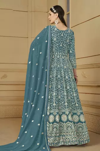 Blue embroidery faux georgette anarkali suit