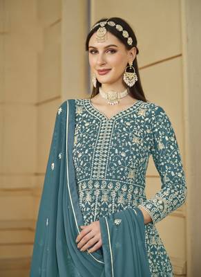 Blue embroidery faux georgette anarkali suit 3