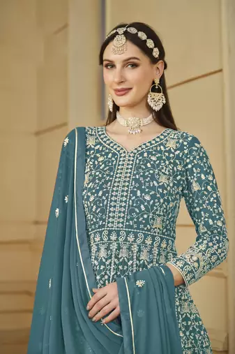 Blue embroidery faux georgette anarkali suit