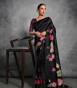 Black art silk saree with digital-painted lotus motifs