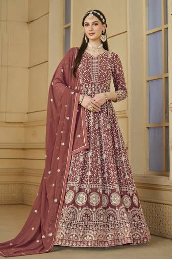 Brown embroidery faux georgette anarkali suit