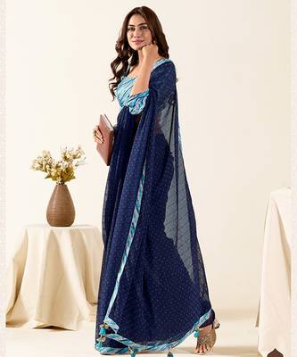 Navy blue bandhej chiffon saree with contrast border 1