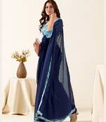 Navy blue bandhej chiffon saree with contrast border