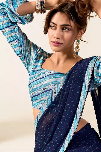 Navy blue bandhej chiffon saree with contrast border